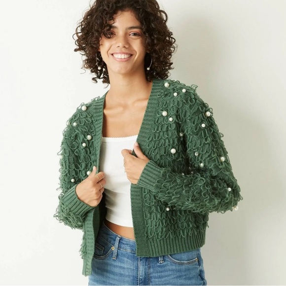 Mighty Fine Sweaters - Mighty Fine Oversized Green Loop & White Pearl Cardigan Sweater
